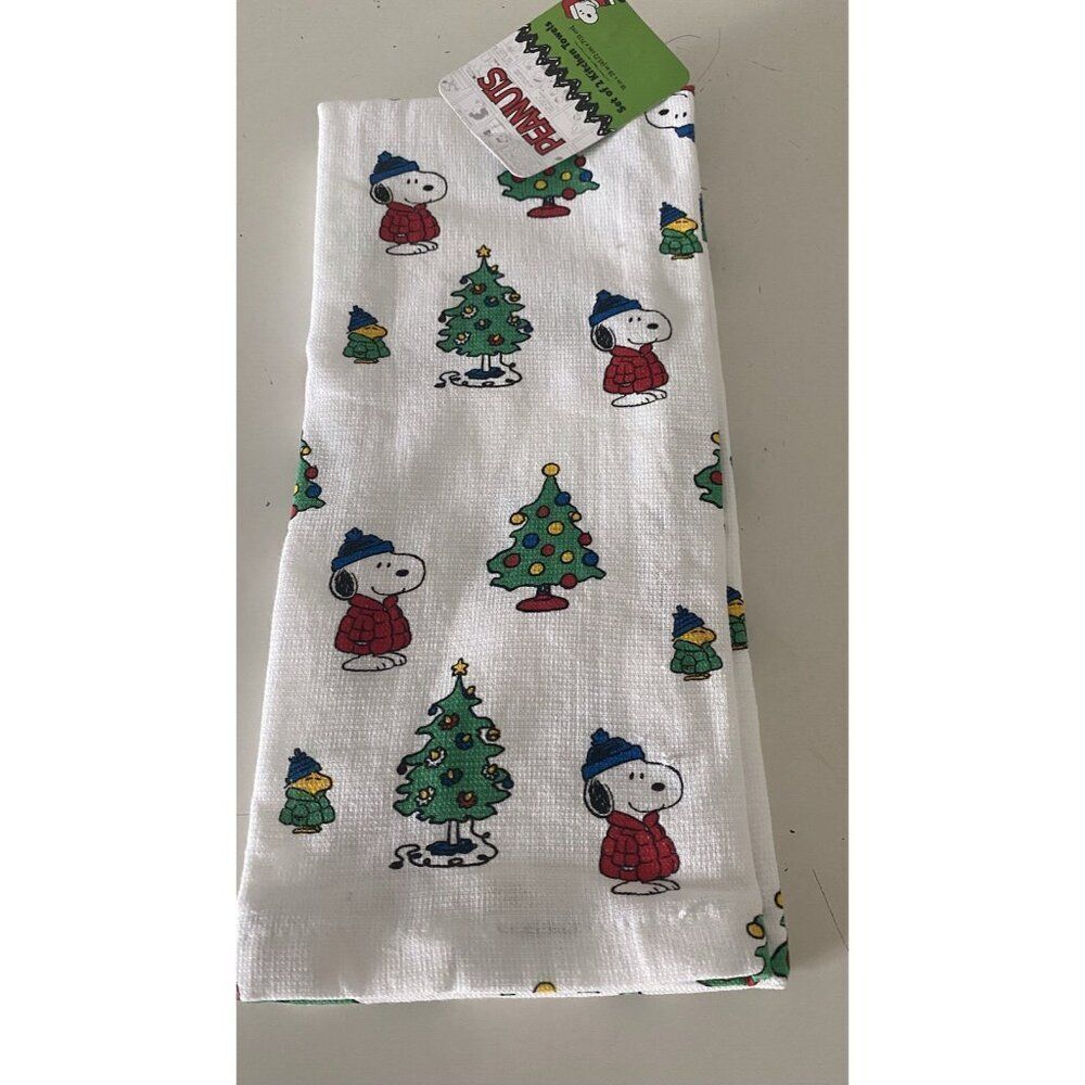 2 Pk Peanuts Snoopy Woodstock Puffer‎ Jacket Christmas Kitchen Towels 16 X 28"